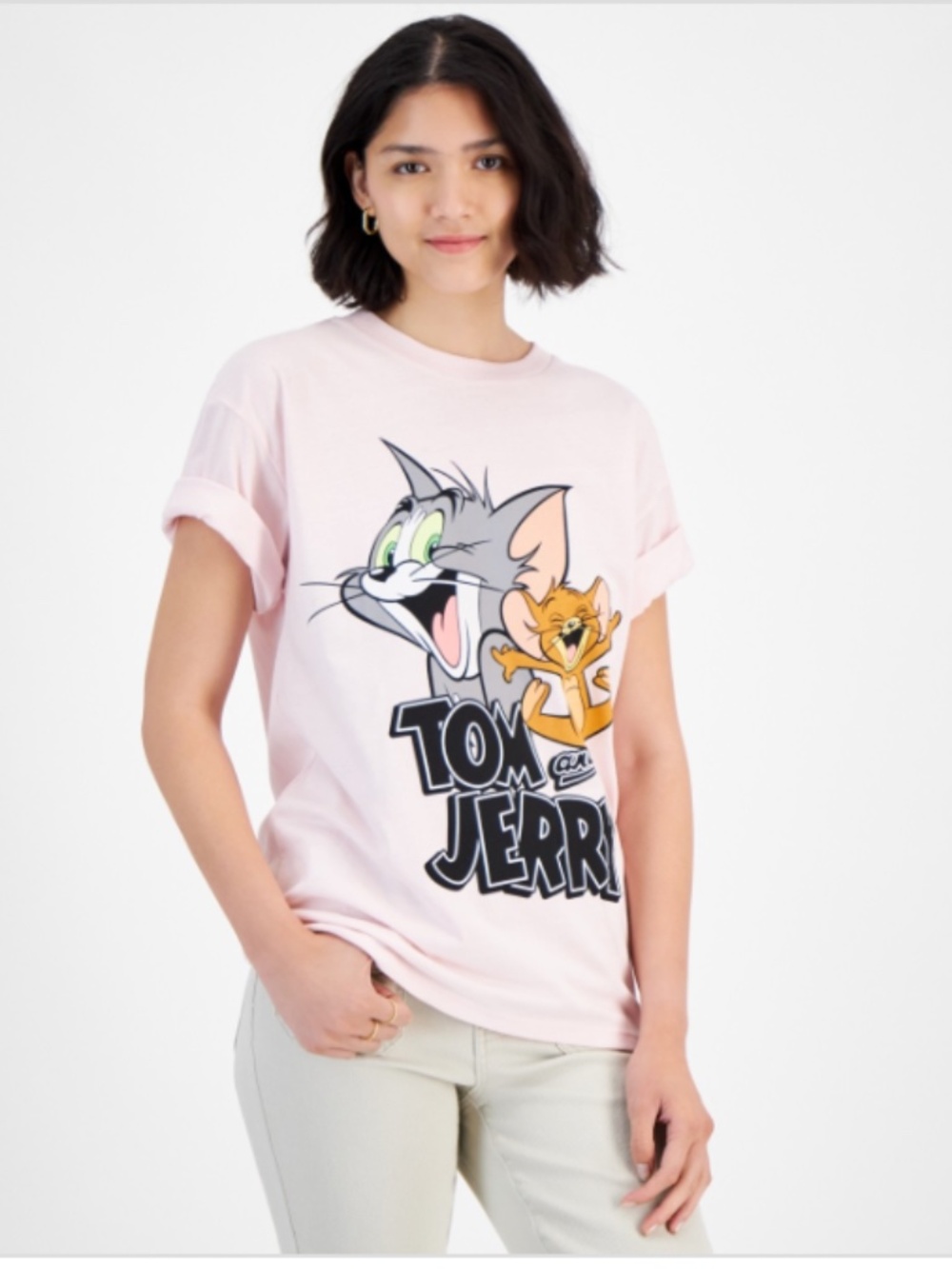 Juniors' Tom & Jerry Graphic Boyfriend T-Shirt - Light Pink Juniors' SIZE L NWT